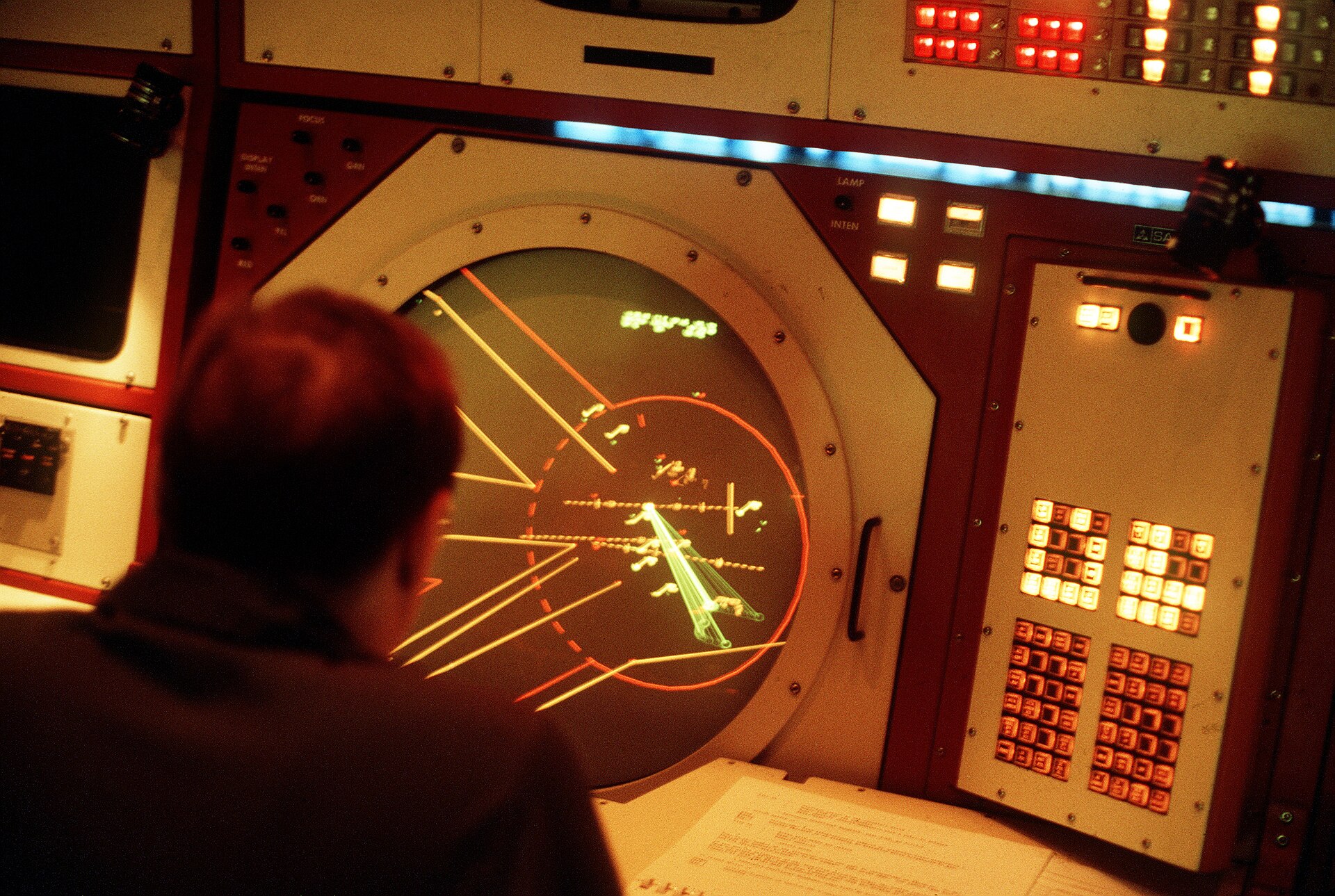 An airman monitors a radar screen inside the Berlin Air Route Traffic Control Facility, 1986