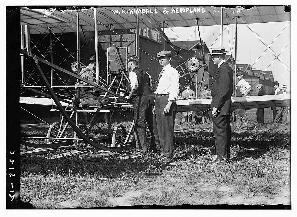 W.R. Kimball and an early aeroplane, circa 1910-1915